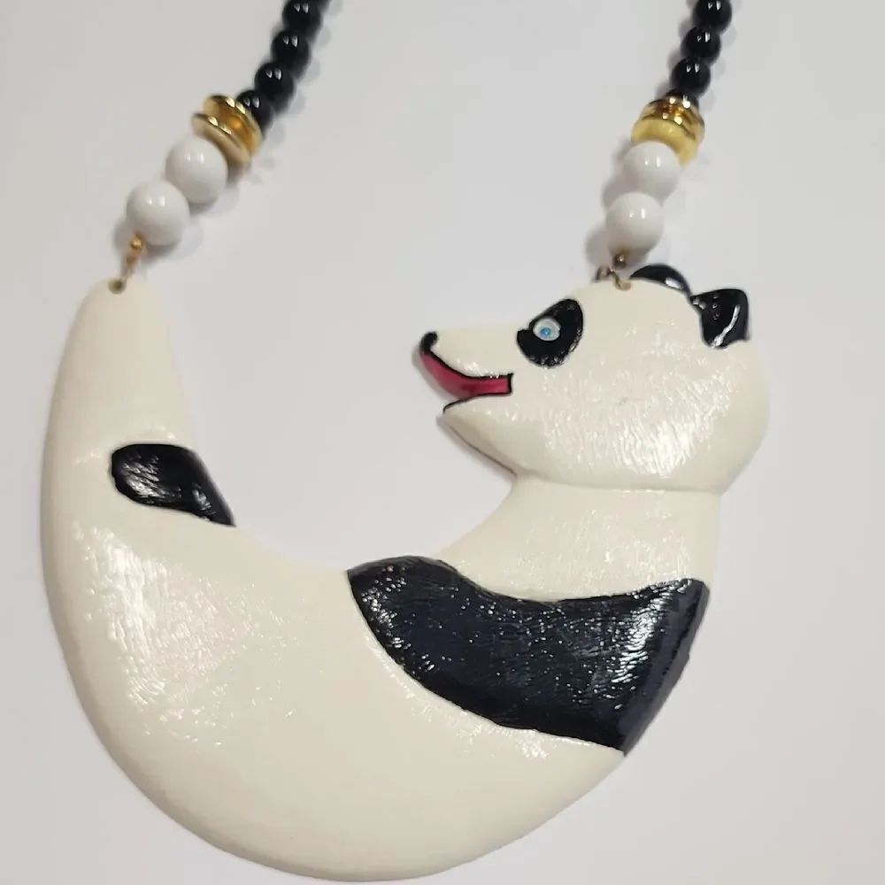 Black and White Panda Necklace Unique Good Luck Bear Handpainted